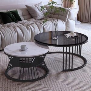 طاولة جانبية دائرية مزدوجة متداخلة مع خزانة تخزين