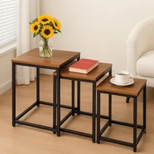 طقم طاولات خدمة 3 قطع خشب وحديد